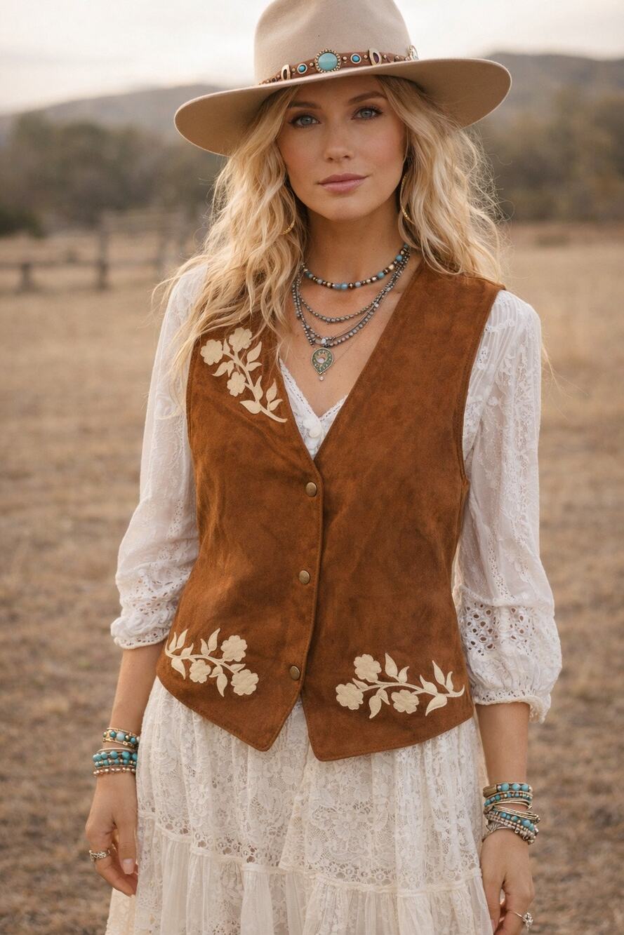 FREE PEOPLE x DAN CASSAB Brown White Floral Embroidered Suede Leather Vest XS